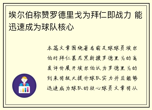 埃尔伯称赞罗德里戈为拜仁即战力 能迅速成为球队核心
