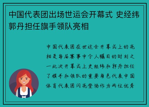 中国代表团出场世运会开幕式 史经纬郭丹担任旗手领队亮相
